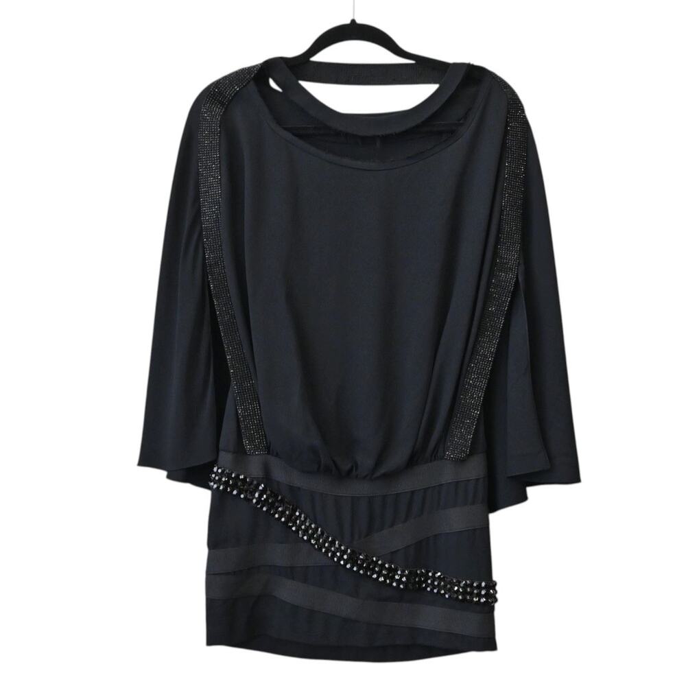 Balmain Navy Black Rhinestone Embellished Mini Cape Dress Size 36 Approx S
